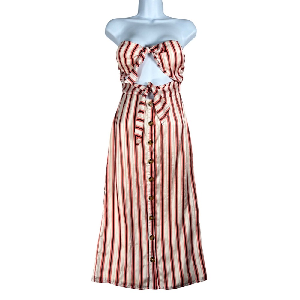 Striped Red & Cream Tie-Front Midi Dress